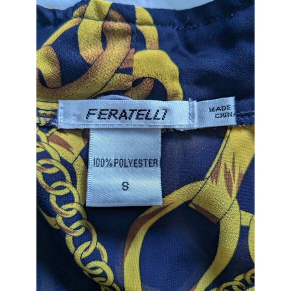 Feratelli Tunic Top Womens S Flowy Navy Status Print Sheer Moto Zip RollTab Glam - Picture 3 of 13